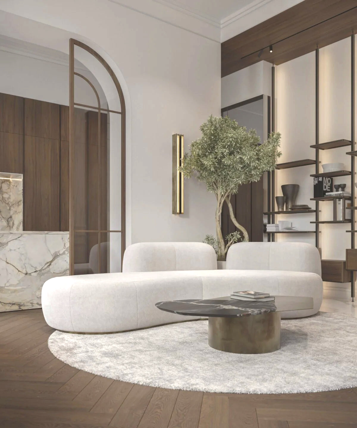 White curved sofa and marble coffee table in a bright arched room