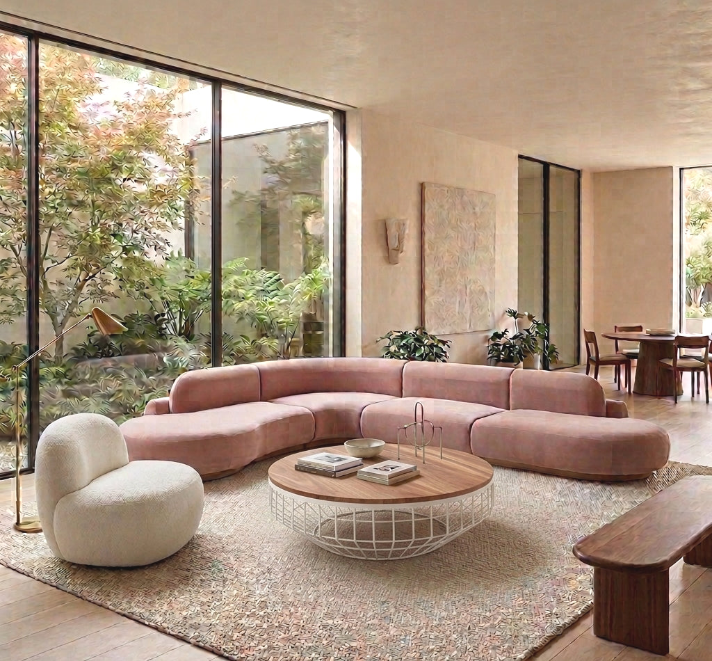 Living room with a pink curved sectional and a round coffee table by garden windows