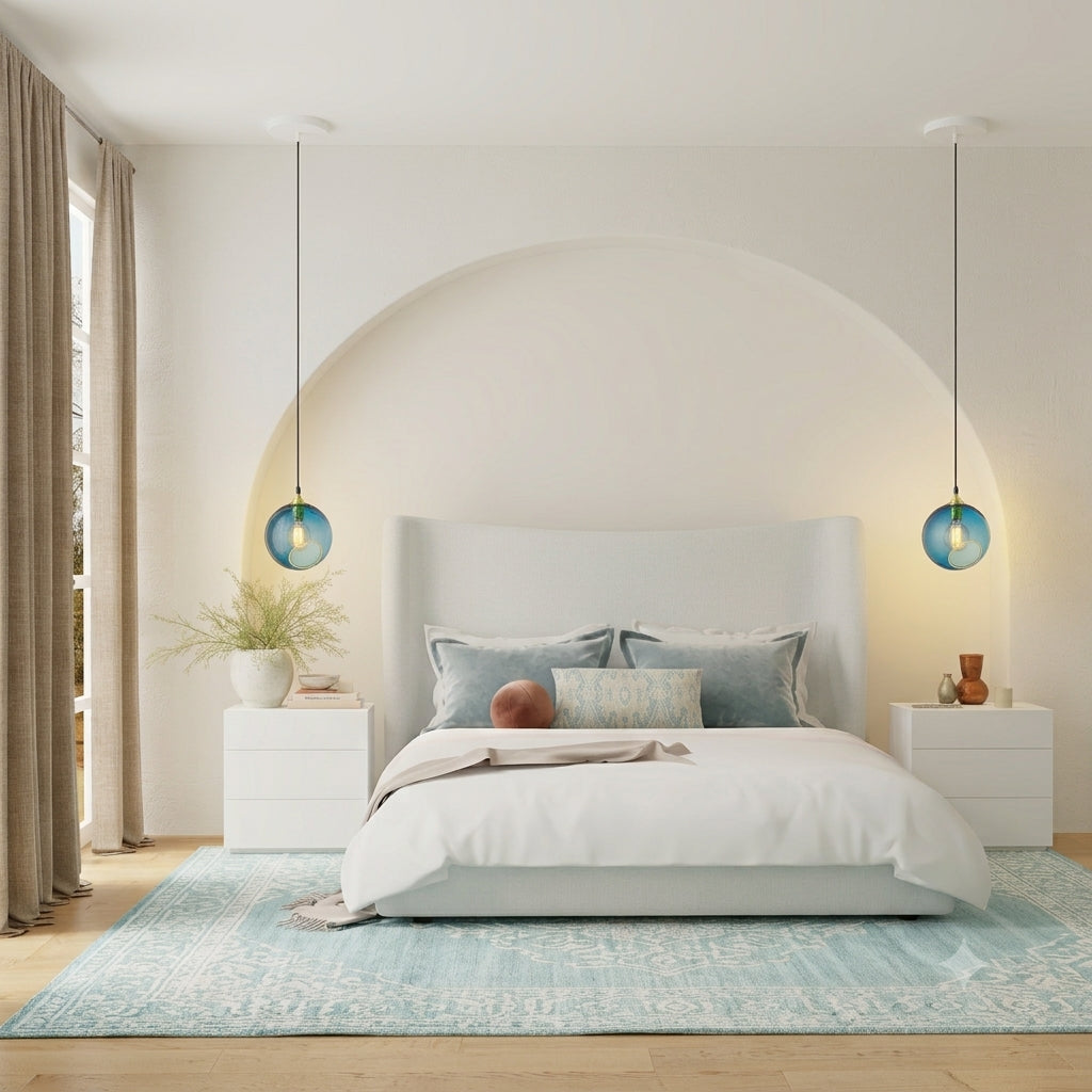 Bedroom with a white upholstered bed, arched alcove and blue glass pendants