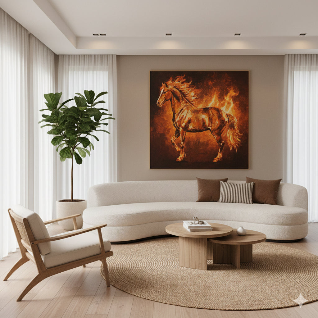 Living room with a curved white sofa and a horse painting