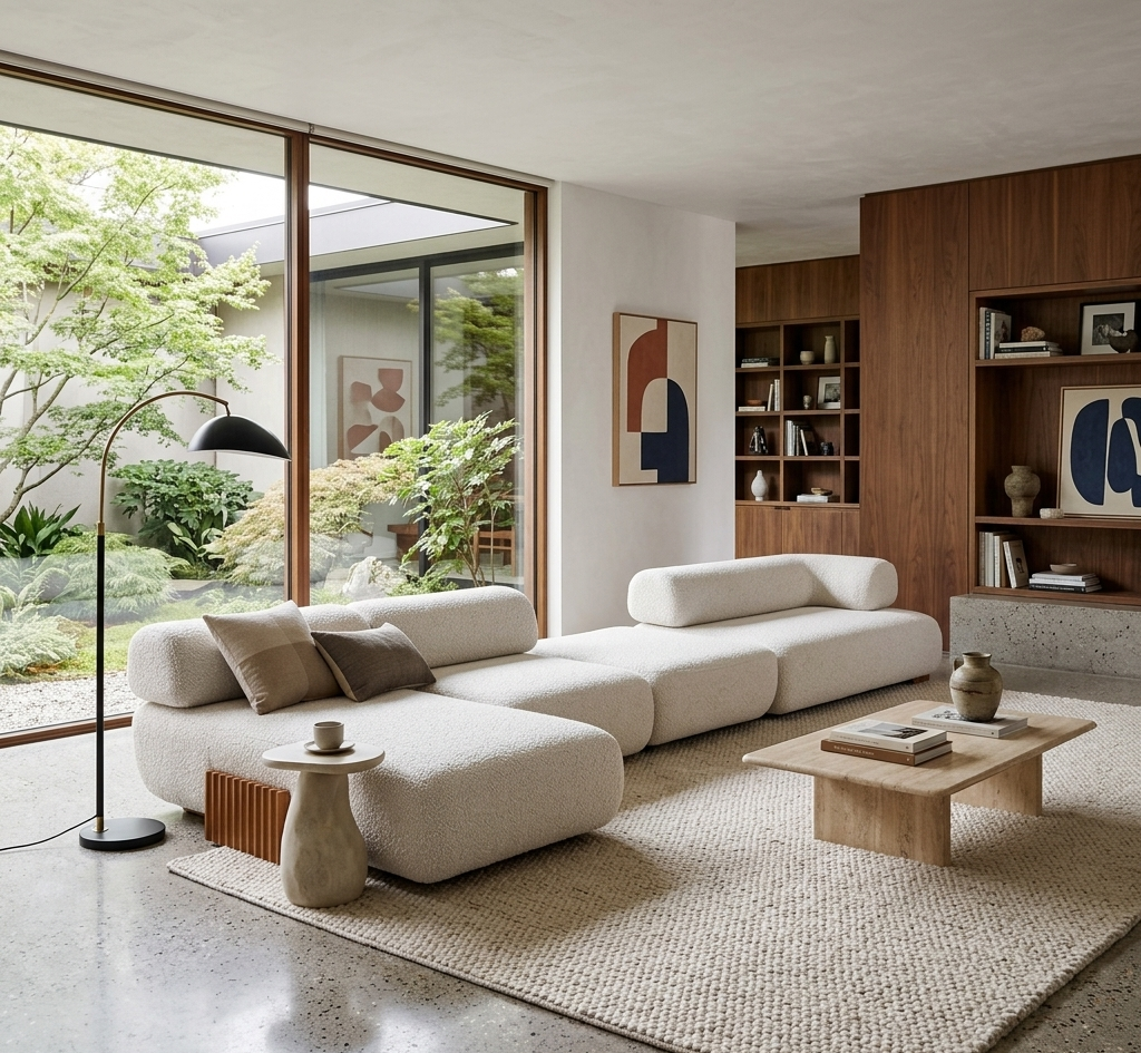 Living room with a cream modular sofa and a light wood coffee table