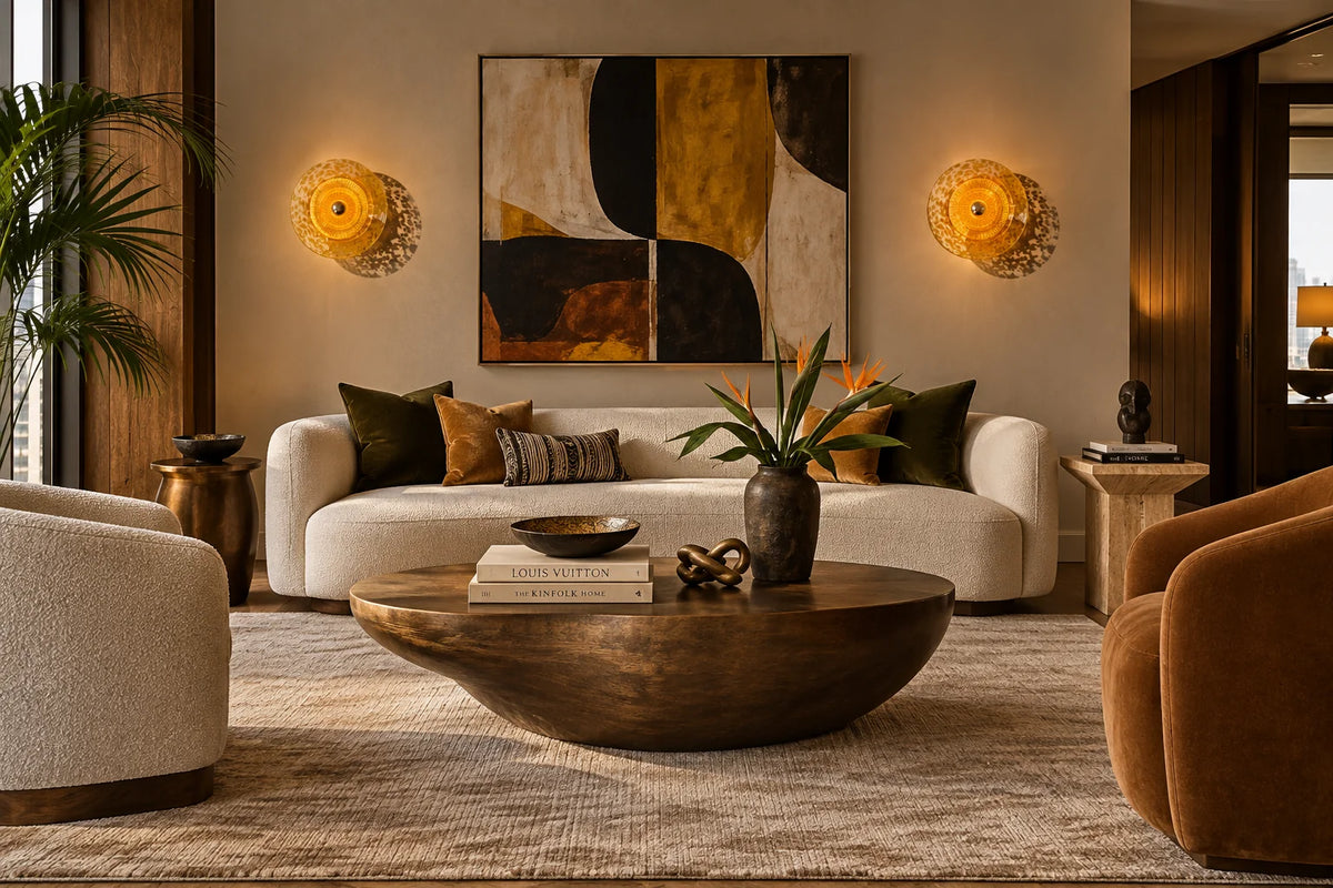 Living room with a pair of Disco-Rama wall sconces flanking abstract art by Maison Burgos