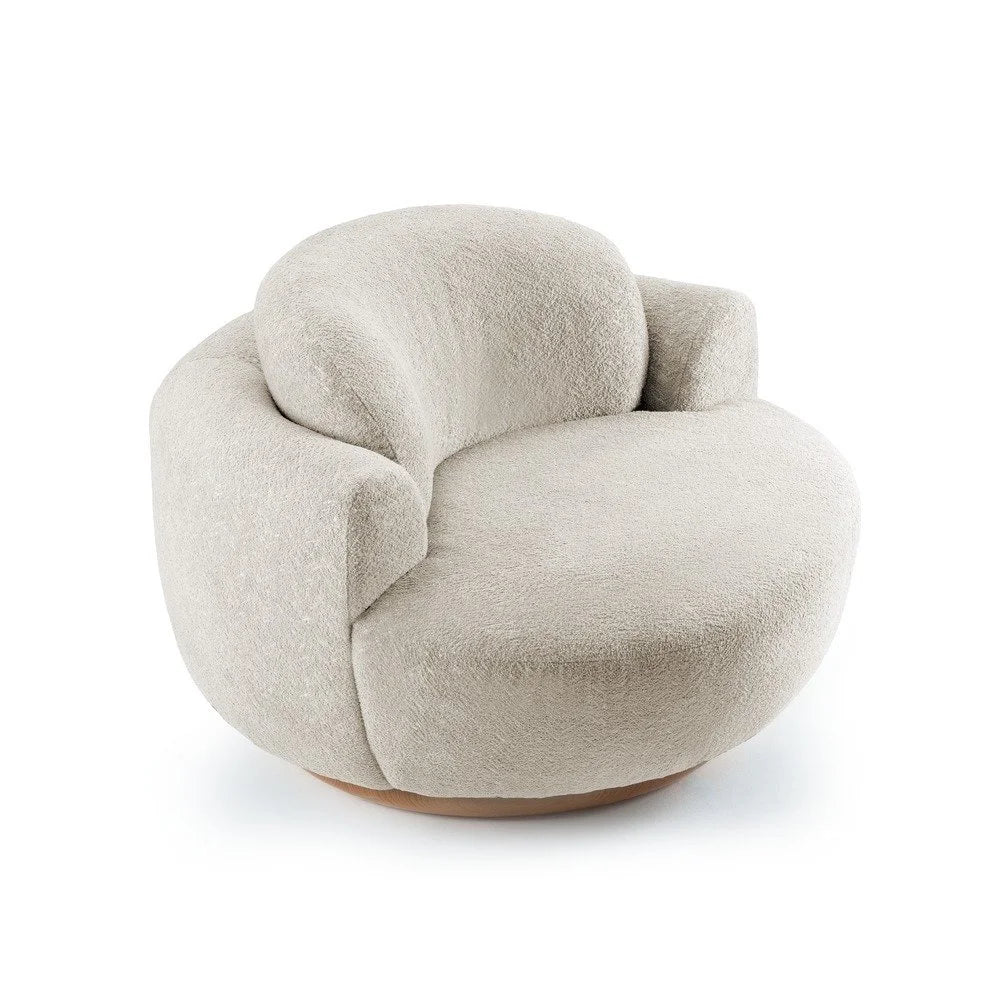 Round swivel armchair in white bouclé with a curved backrest