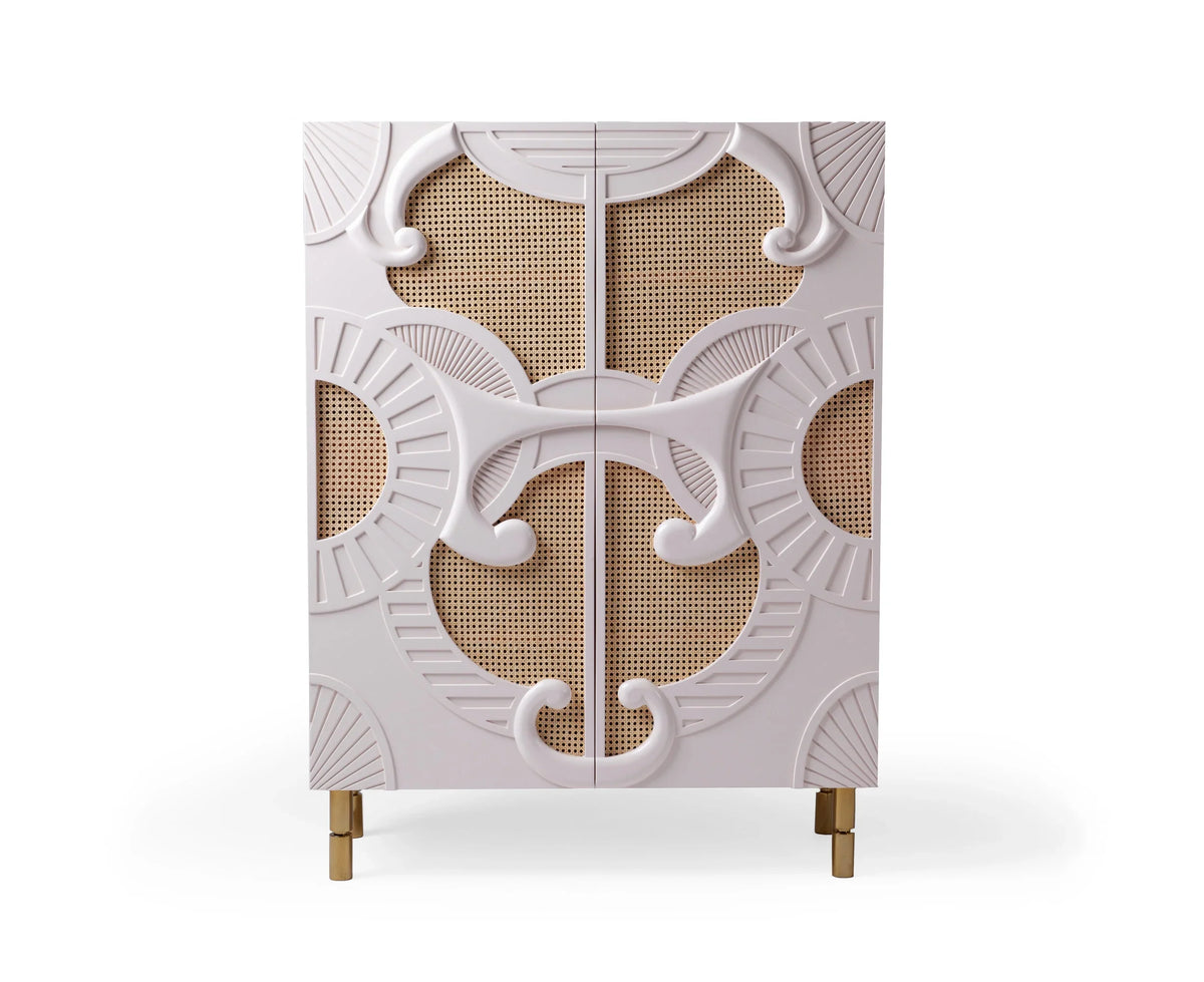 Traje De Luces bar cabinet in white with carved relief doors and rattan panels