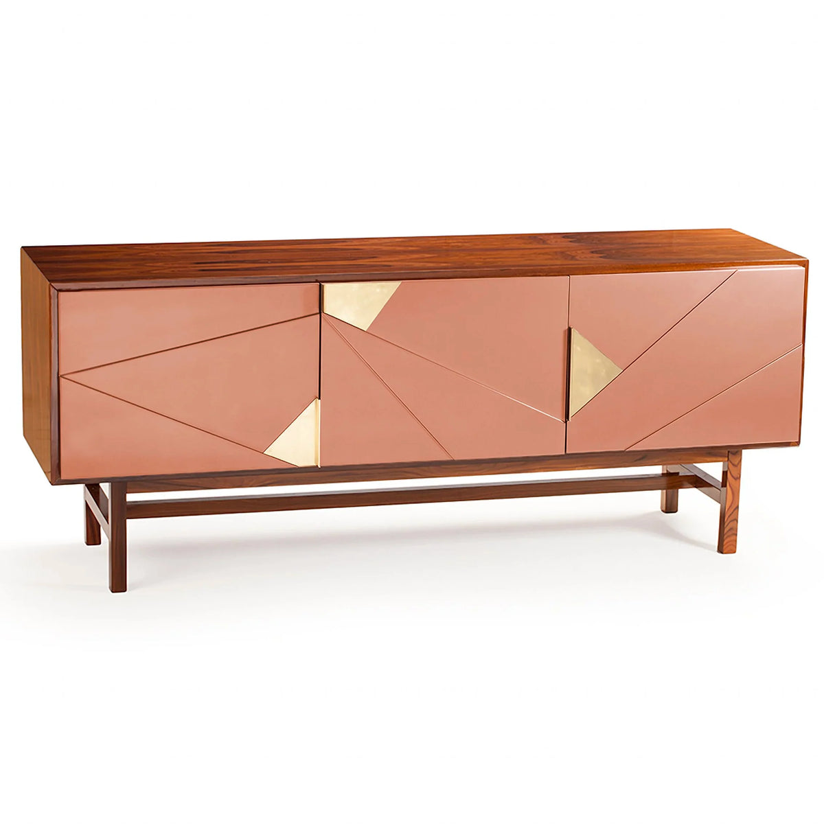 Jazz sideboard in walnut with powder pink doors and brass inlays