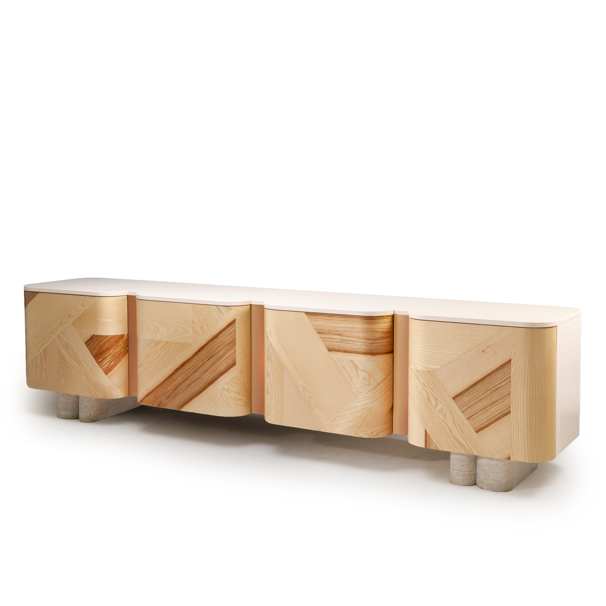 Kisho TV stand in natural olive ash with geometric marquetry