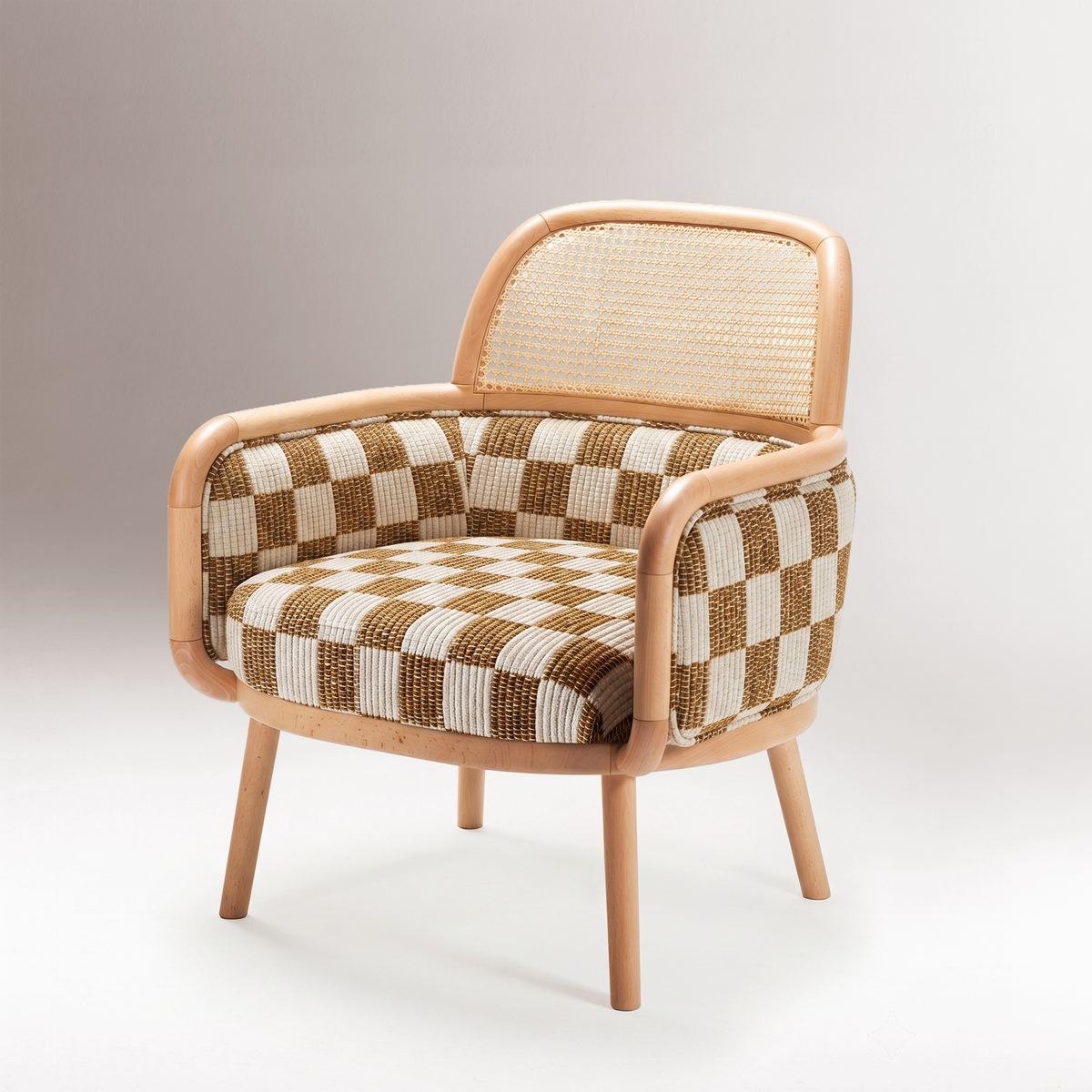 Luc armchair with a rattan back and checkerboard upholstery