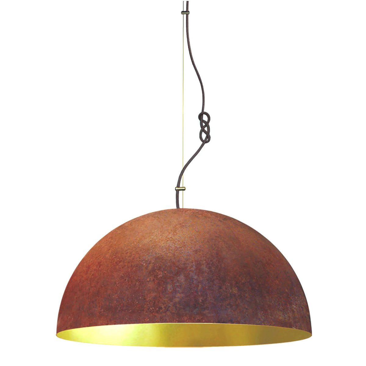 Queen pendant light dome in rusted steel with a gold leaf interior
