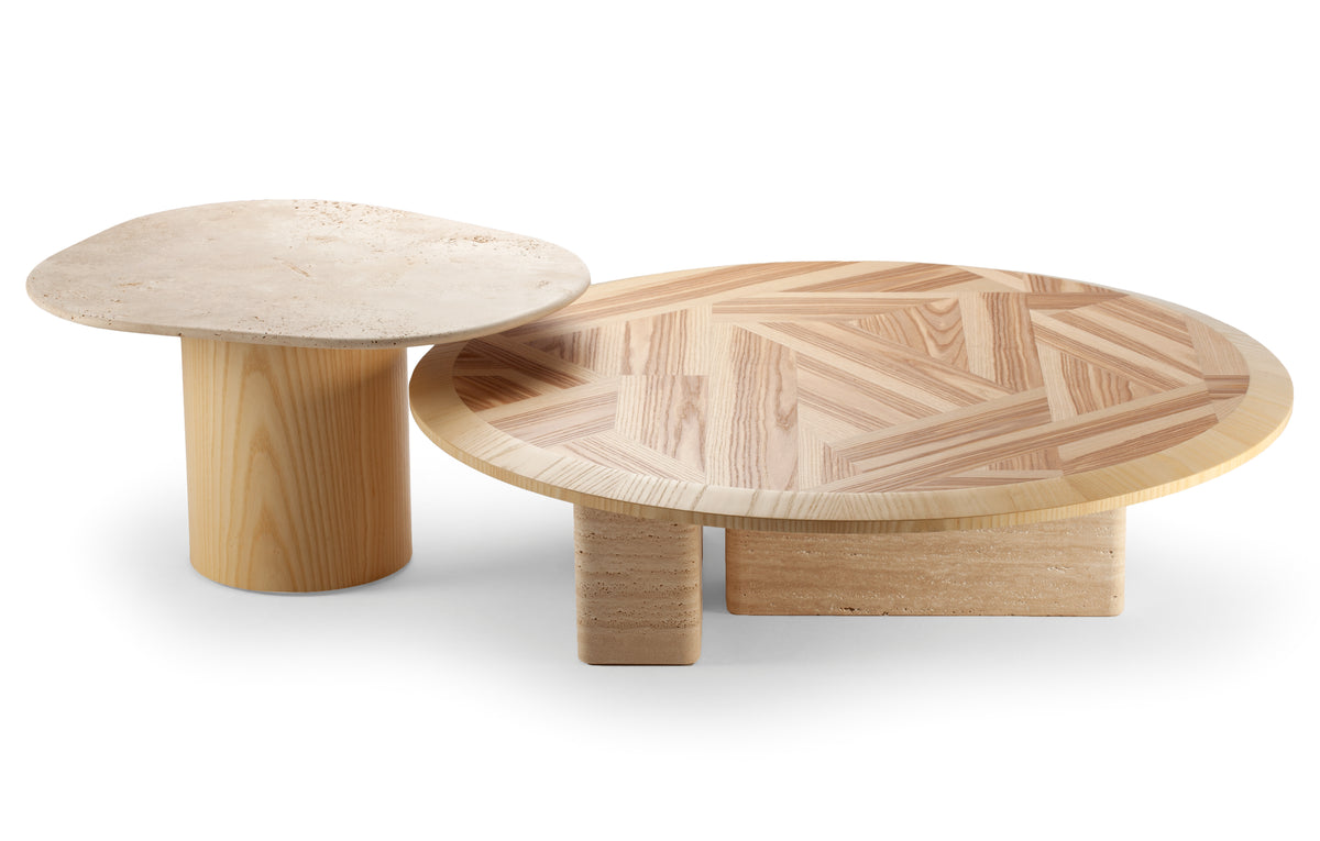 L’anamour set in natural finish, travertine side table nested beside the olive ash coffee table