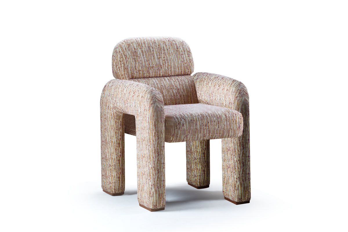 Vertigo Dining Chair in speckled pink-beige weave, front view with rounded arms