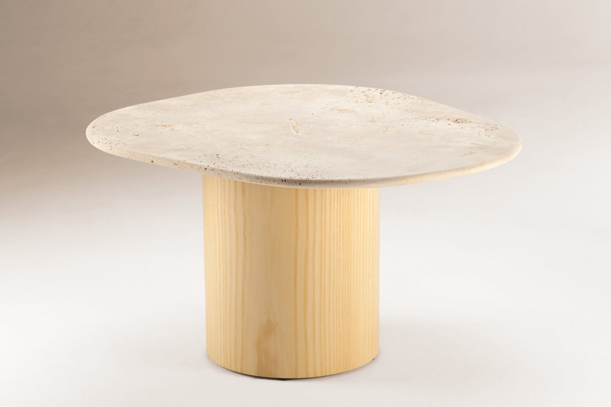 L’anamour Side Table with Travertine top on a Natural ash cylinder base, side view