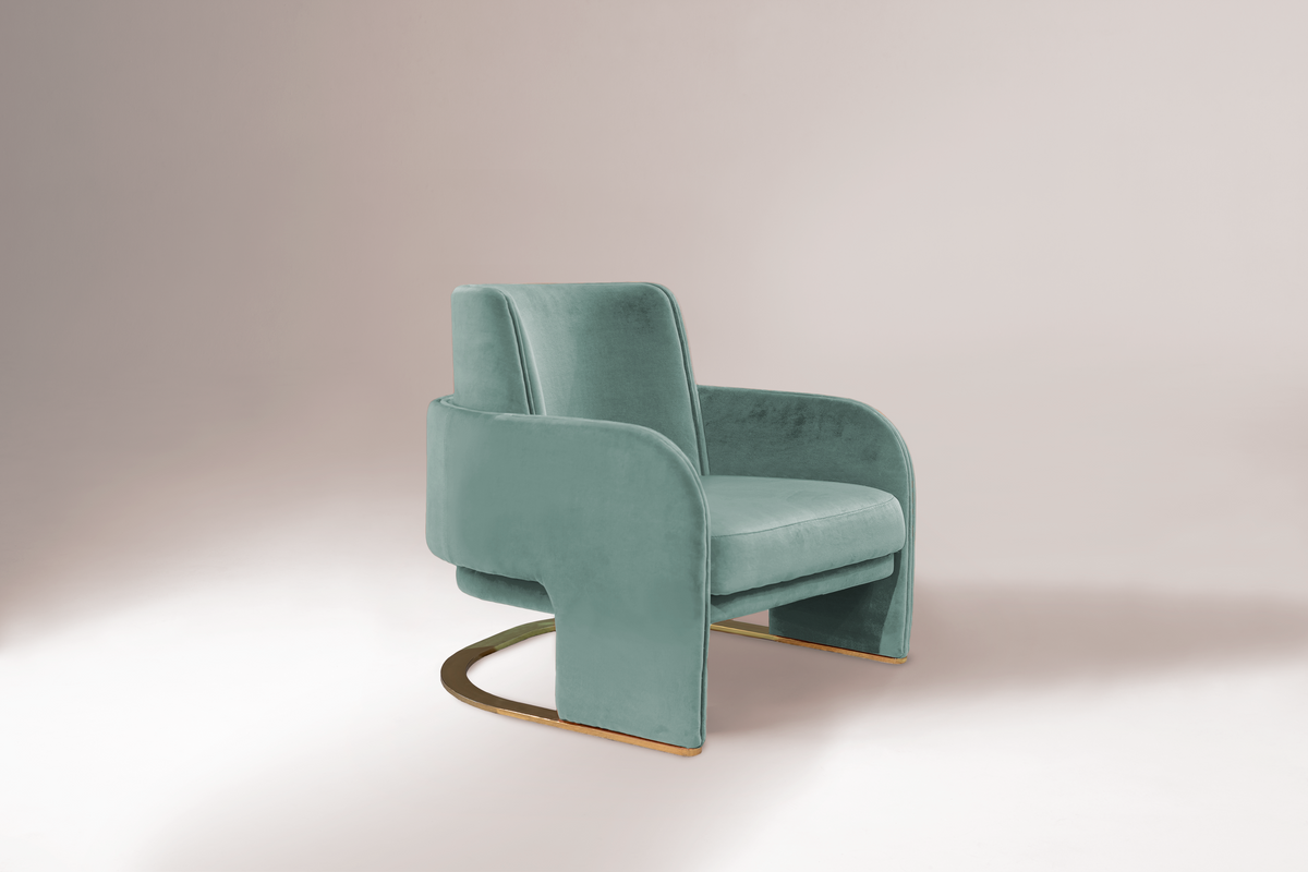 Odisseia Armchair in mint velvet, studio three-quarter view