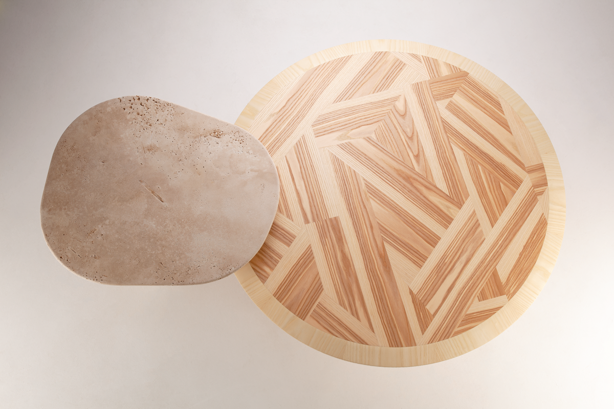 L’anamour Side Table, top view of the Travertine top over the wood marquetry centre table