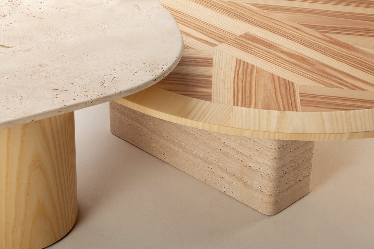 L’anamour Coffee Table close-up of travertine base and ash marquetry edge