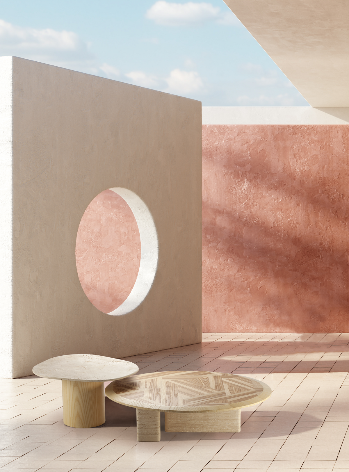 L’anamour Coffee Table set on a sunny terrace with a circular wall opening