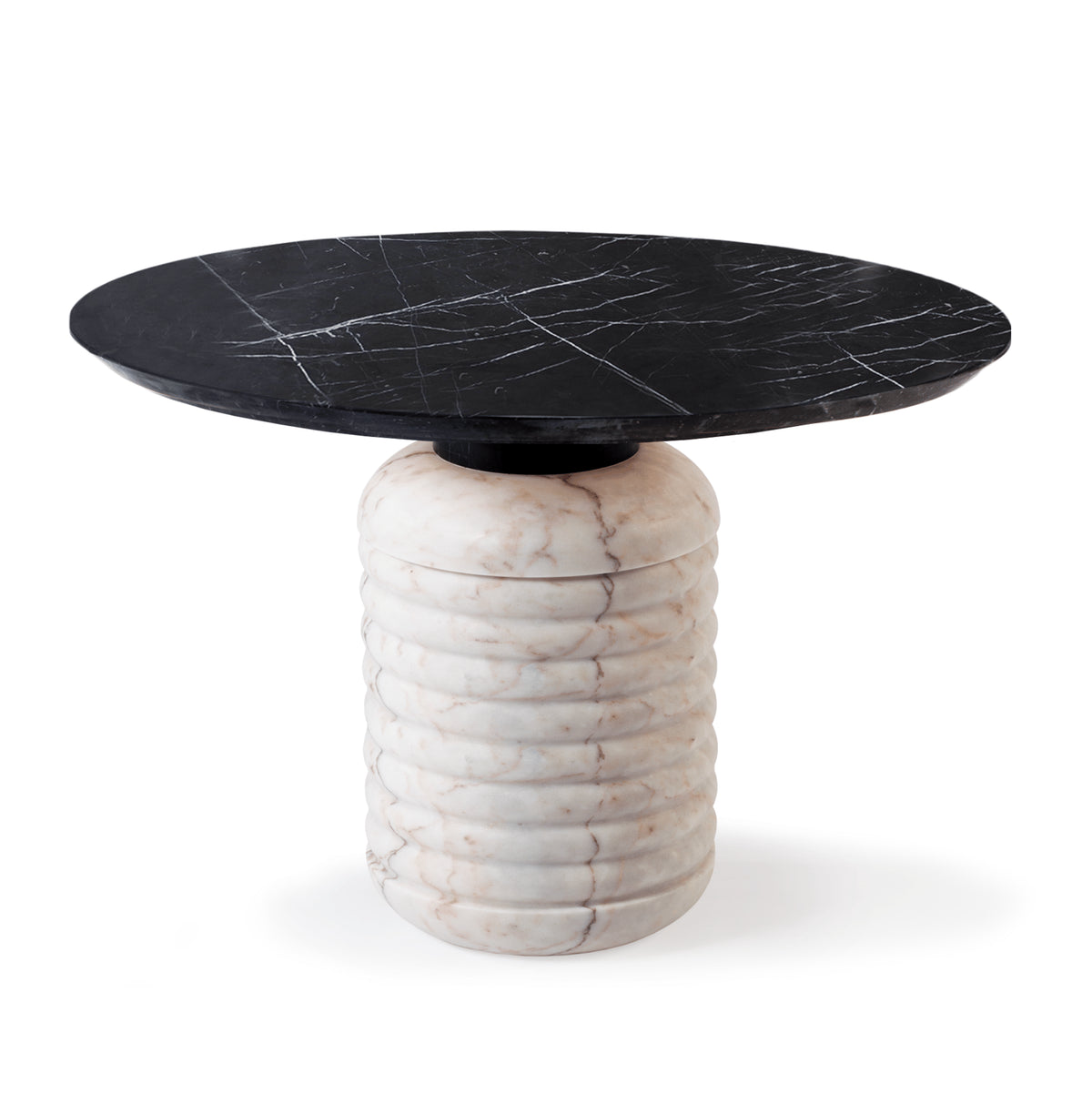 Jean Dining Table with Nero Marquina top on a ribbed pale marble base