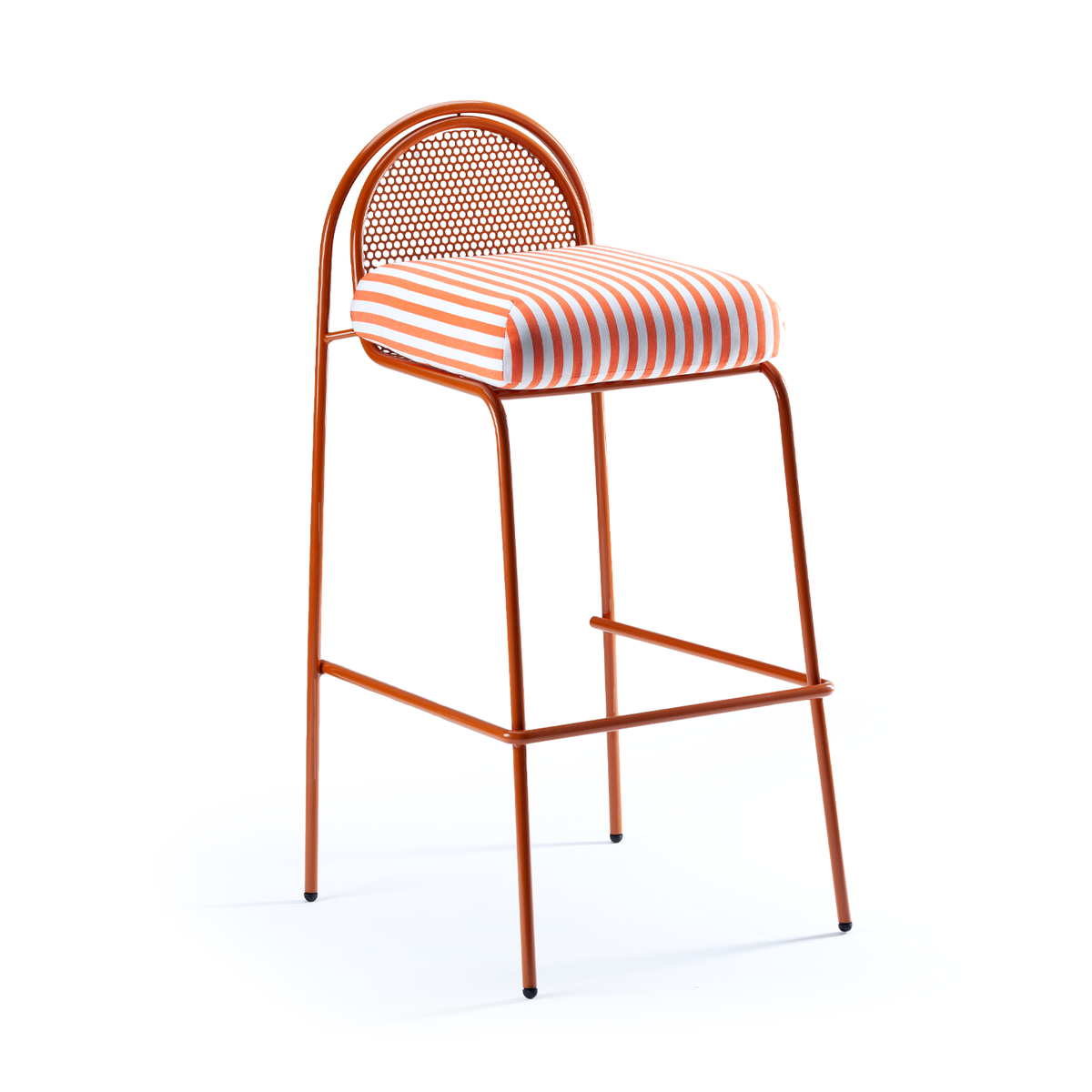 Riviera Bar Chair in copper with orange striped seat, three-quarter view