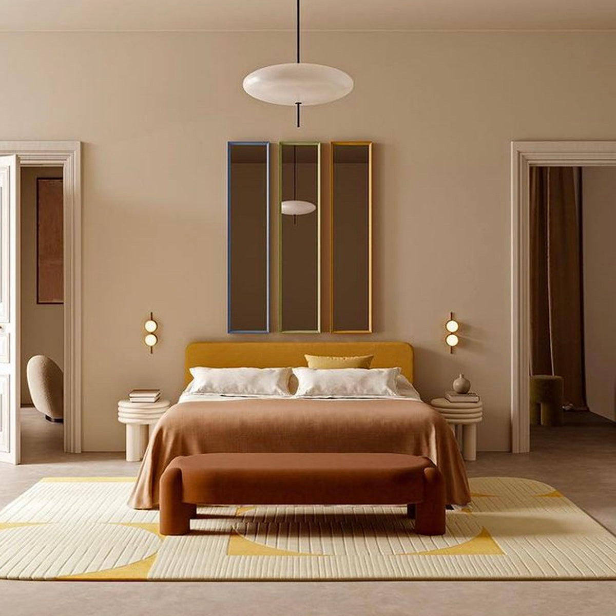 Marlon Daybed - 01 in rust velvet at the foot of a bed