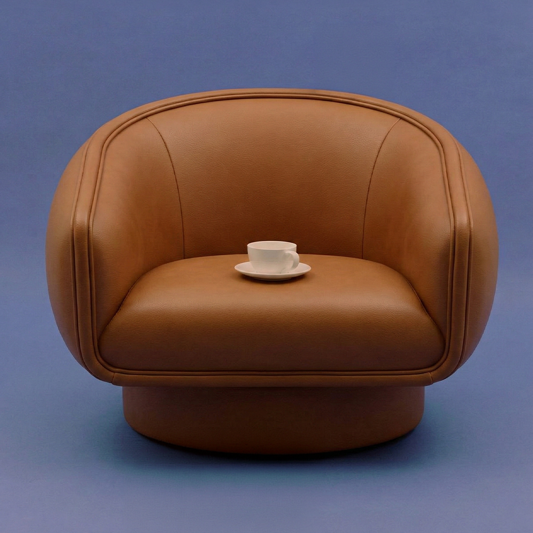 Moon Swivel Armchair in tan leather on a blue backdrop