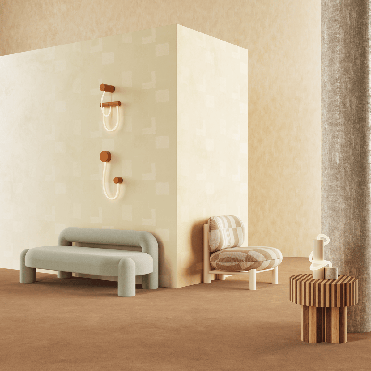Nusa Side Table beside a green bench and patterned chair against a cream tiled wall