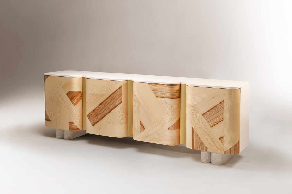 Kisho Sideboard with patterned wood doors, three-quarter view on grey