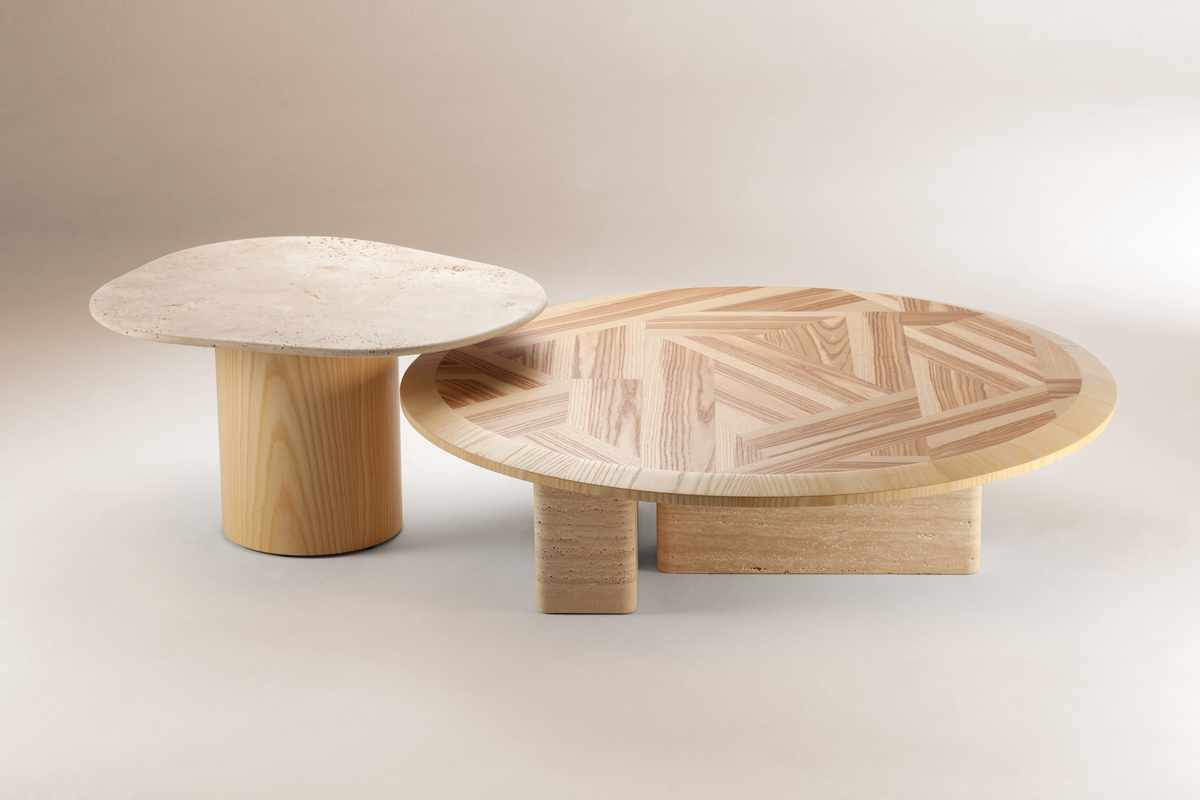 L’anamour Coffee Table in Natural olive ash with travertine side table