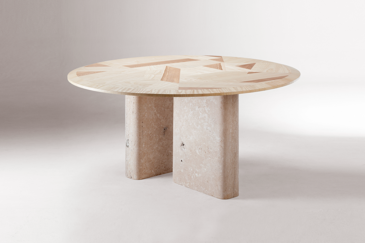 L 'Anamour Dining Table with round ash marquetry top on Travertine Marble base