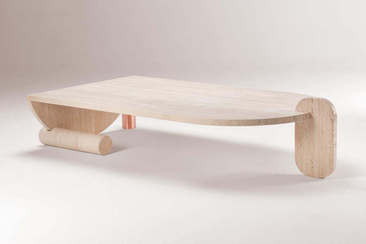 Playing Games Travertine Coffee Table side view with rounded travertine supports