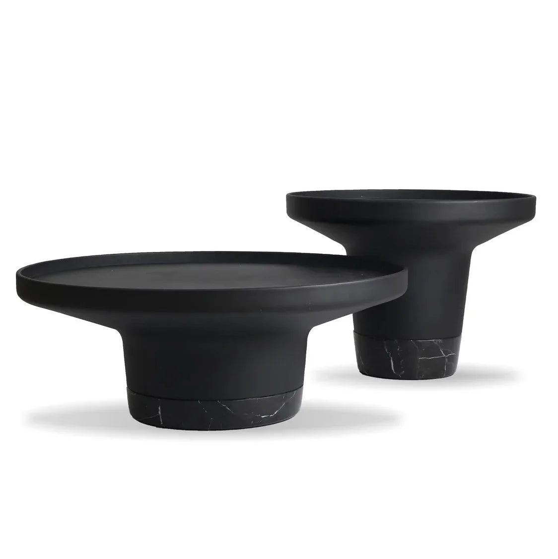 Spacer Coffee Table pair in black with black marble bases, front view