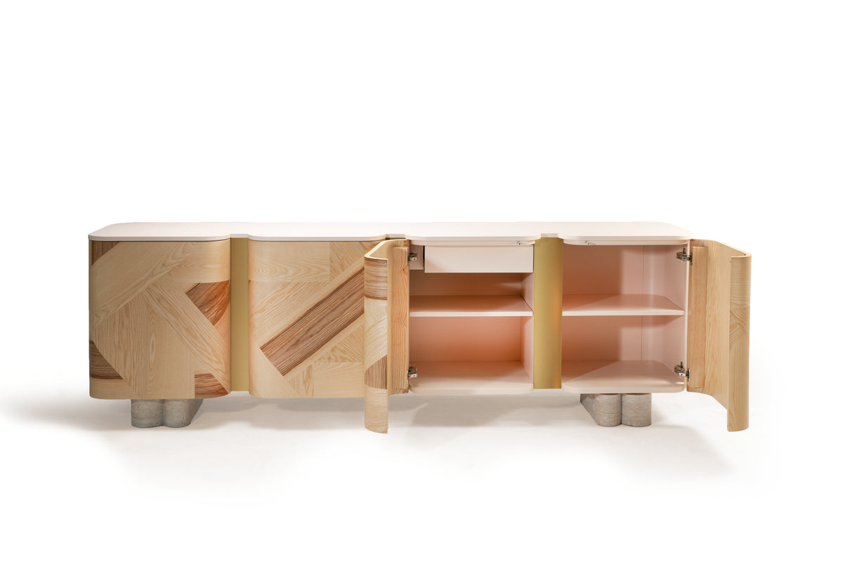 Kisho Sideboard with doors open showing pink lacquer interior