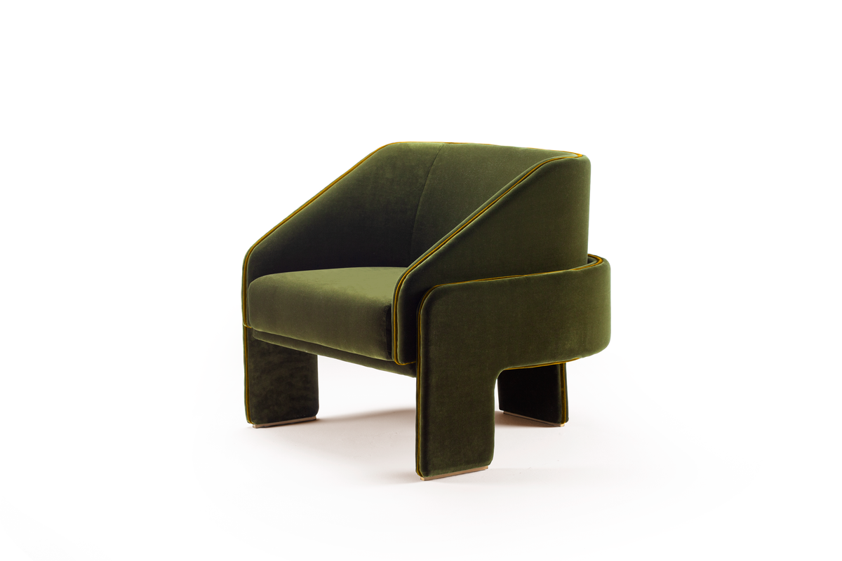L’Unité Chair in olive green velvet, three-quarter view
