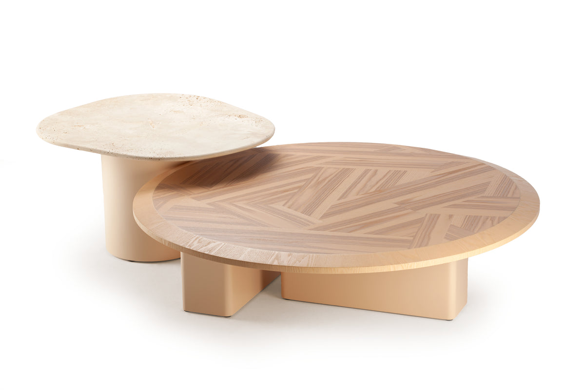 L’anamour Coffee Table in Nude olive ash with side table, three-quarter view