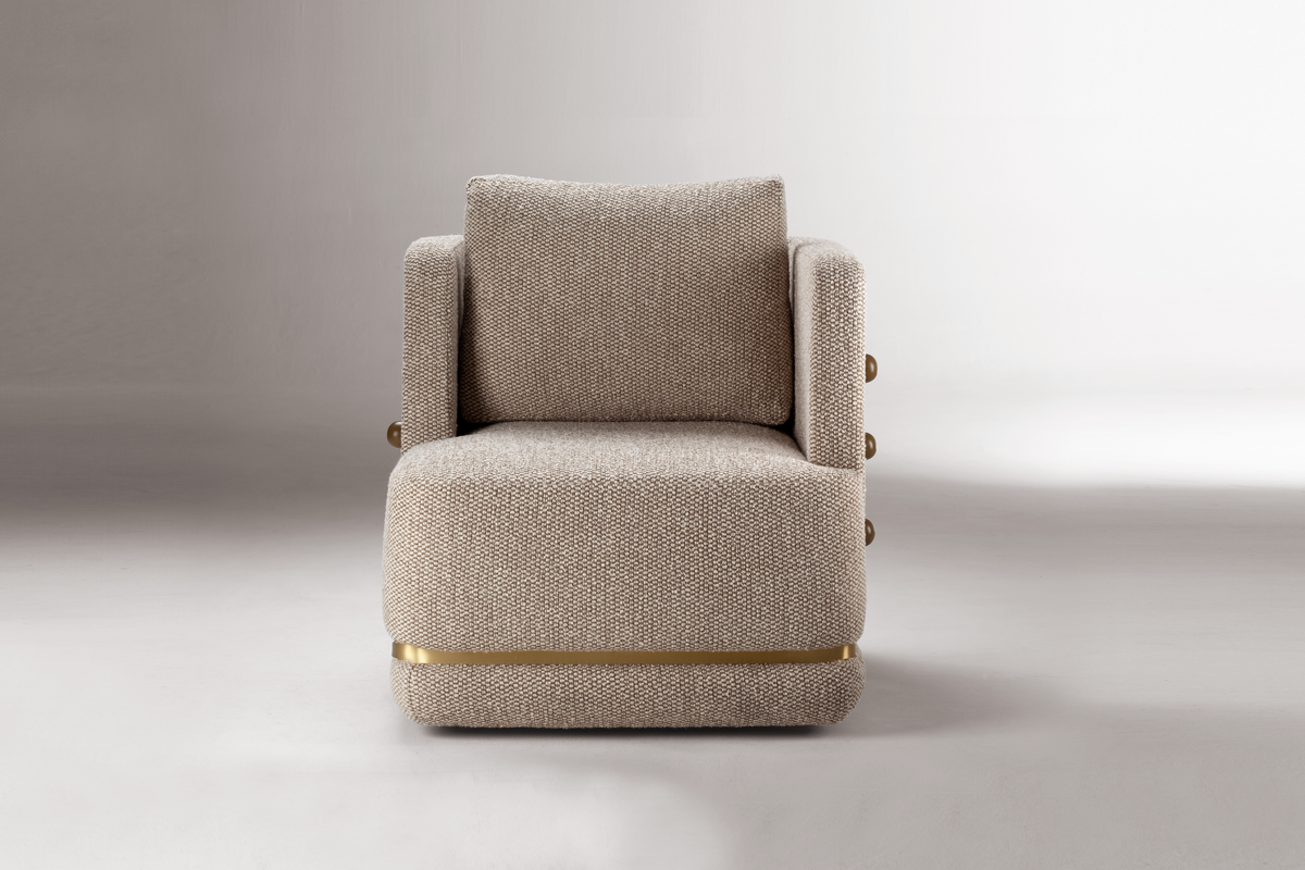 Panorama Armchair in beige textured weave, front view on grey backdrop