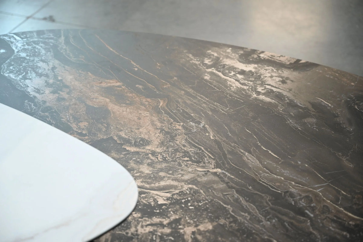 Layer Coffee Table close-up of the dark marble top with light veining