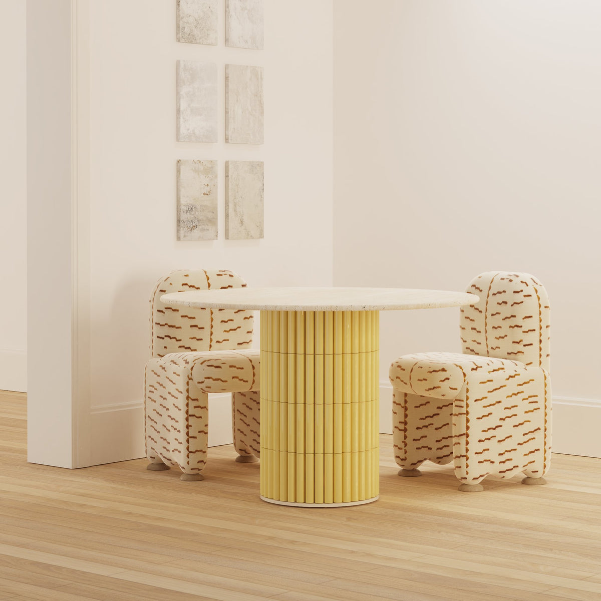 Nouvelle Vague Dining Table with yellow tiles and patterned chairs in a bright room