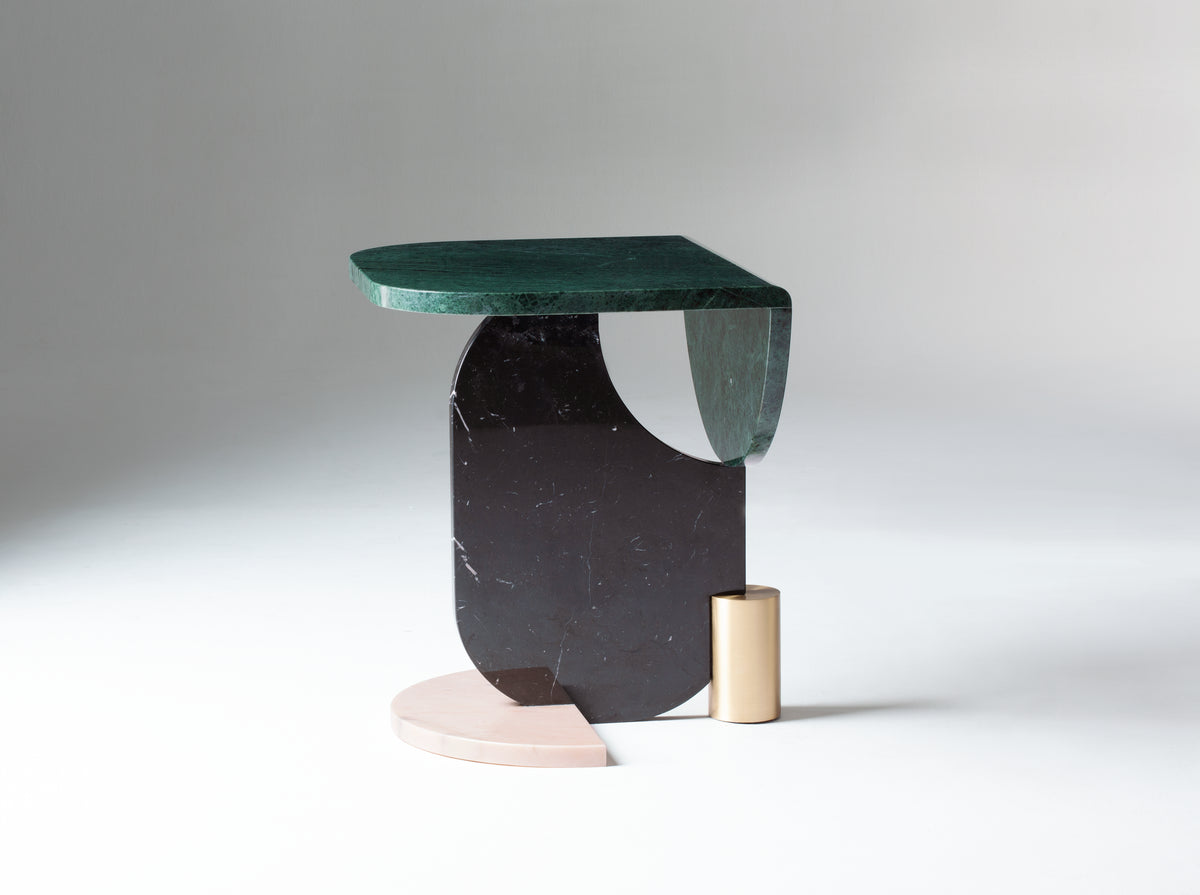 Playing Games Side Table in green, black and pink marble with brass detail