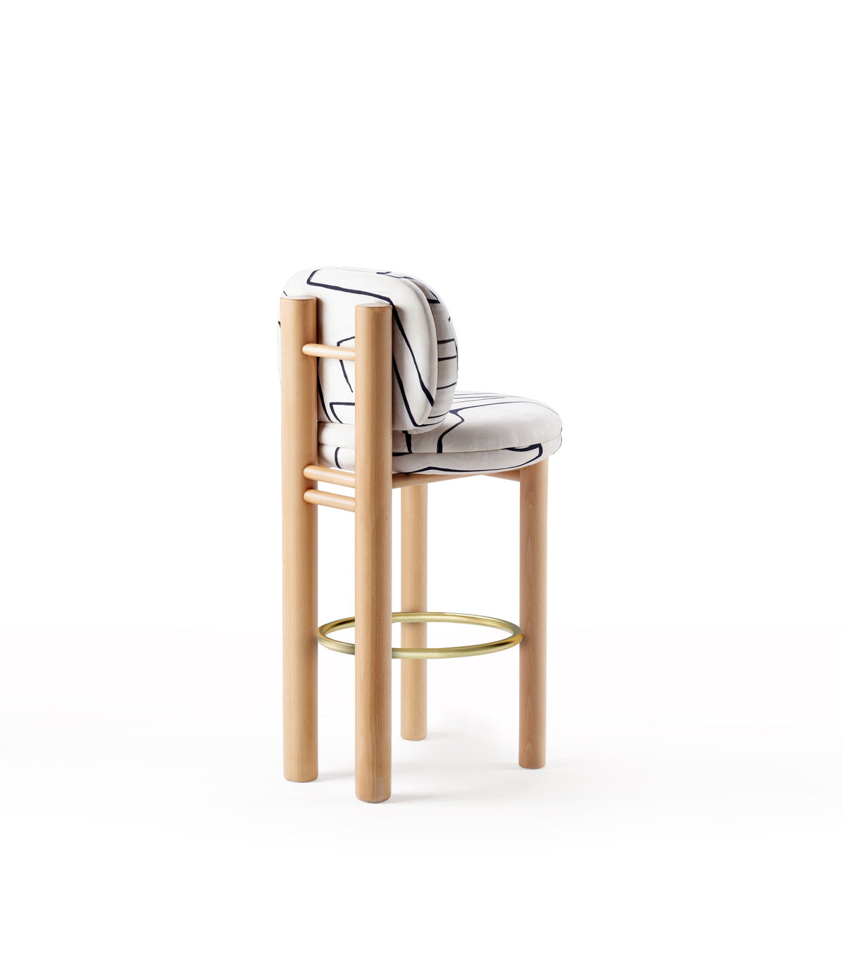Aimi Counter Stool in brushstroke fabric, side view with brass ring