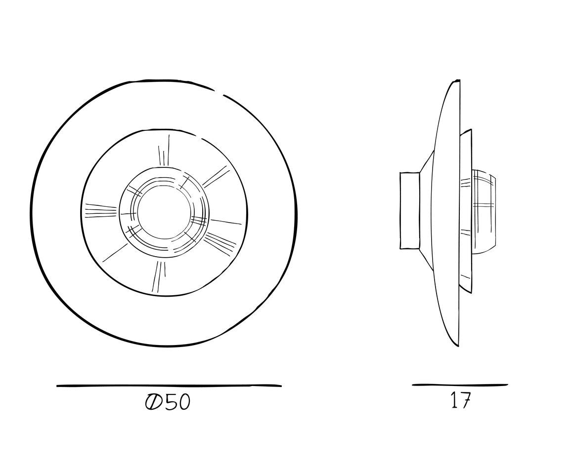 Disco Rama Wall Light Sconce front and side dimension drawing: Ø50 x 17 cm