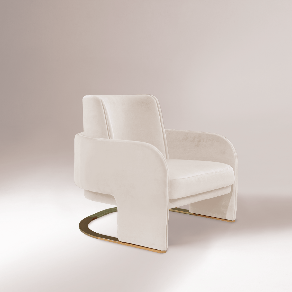 Odisseia Armchair in ivory, side angle showing curved brass base