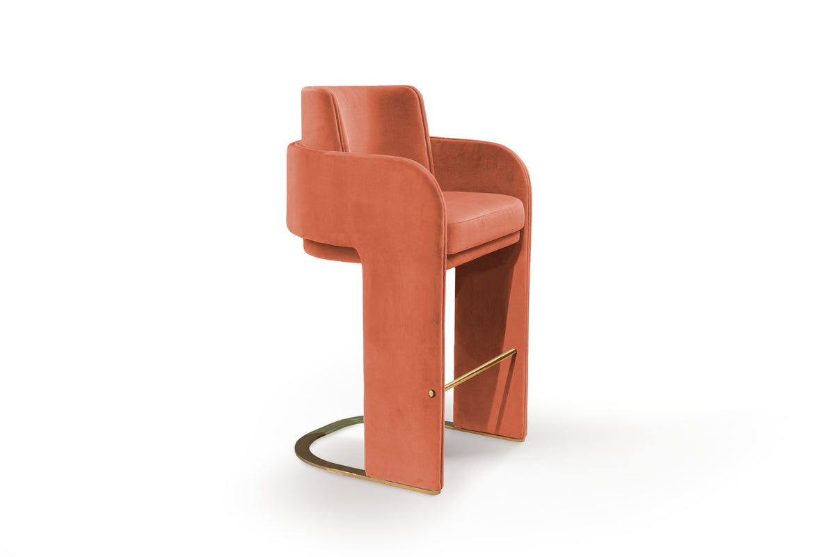 Odisseia Bar Stool in coral velvet, three-quarter view on white