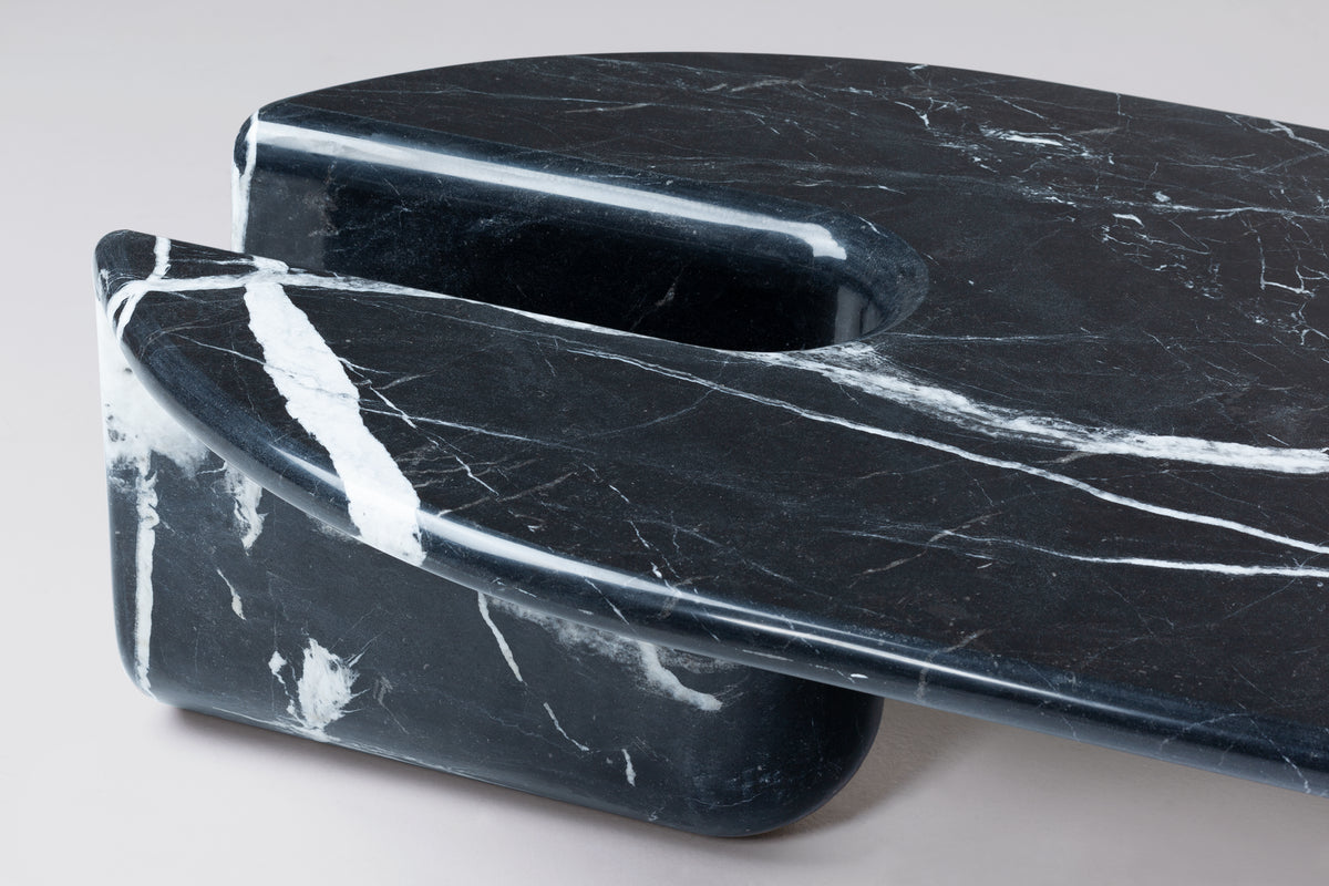 Bonnie & Clyde Coffee Table close-up of Nero Marquina marble veining