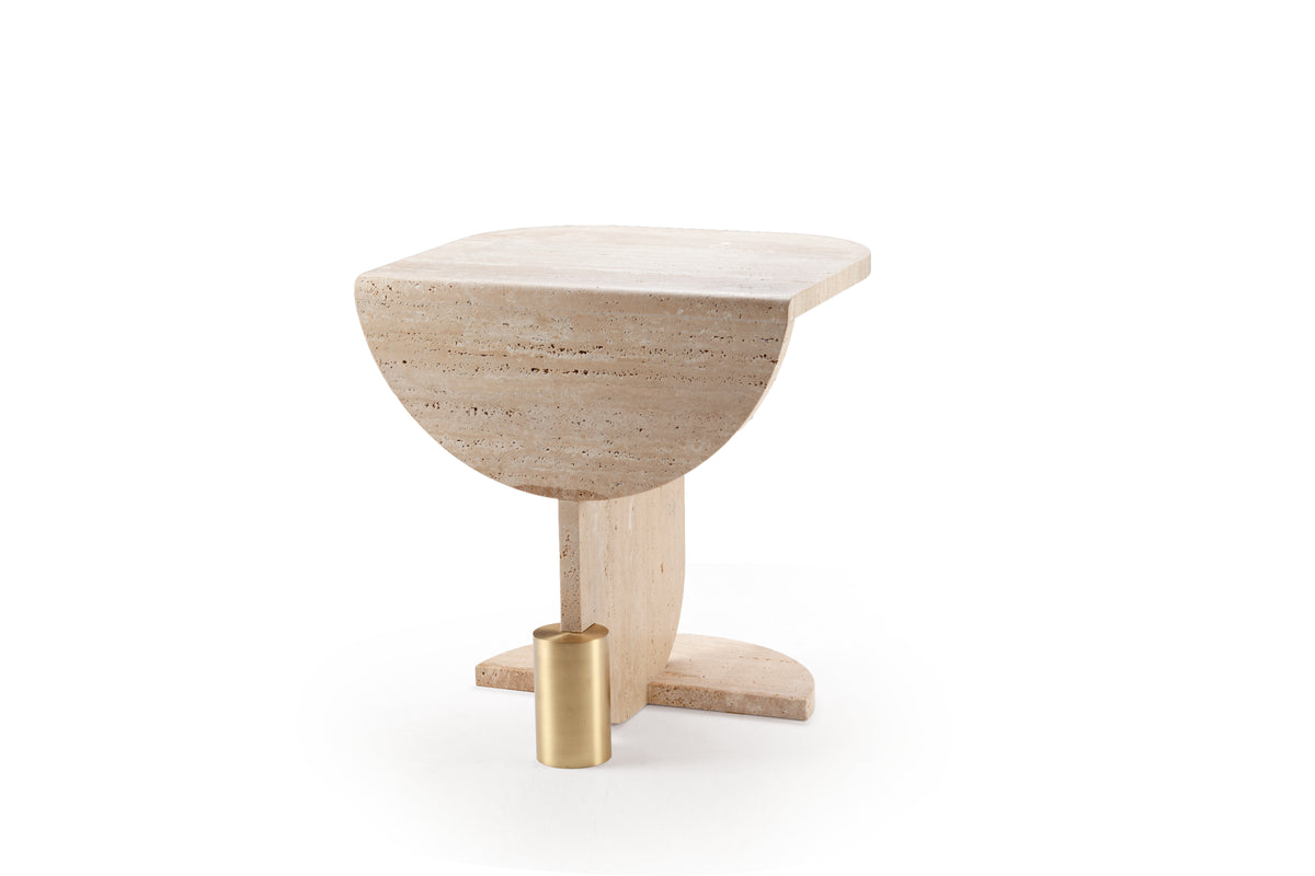 Playing Games Travertine Side Table with brass cylinder, three-quarter view