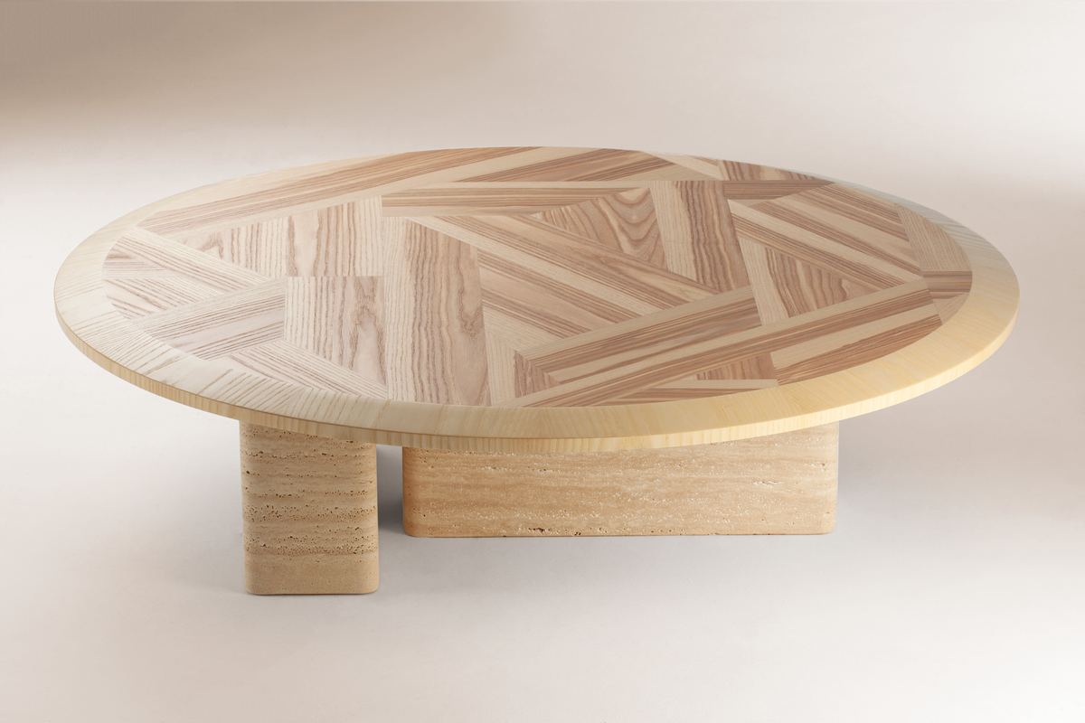 L’anamour coffee table with olive ash marquetry top on travertine base