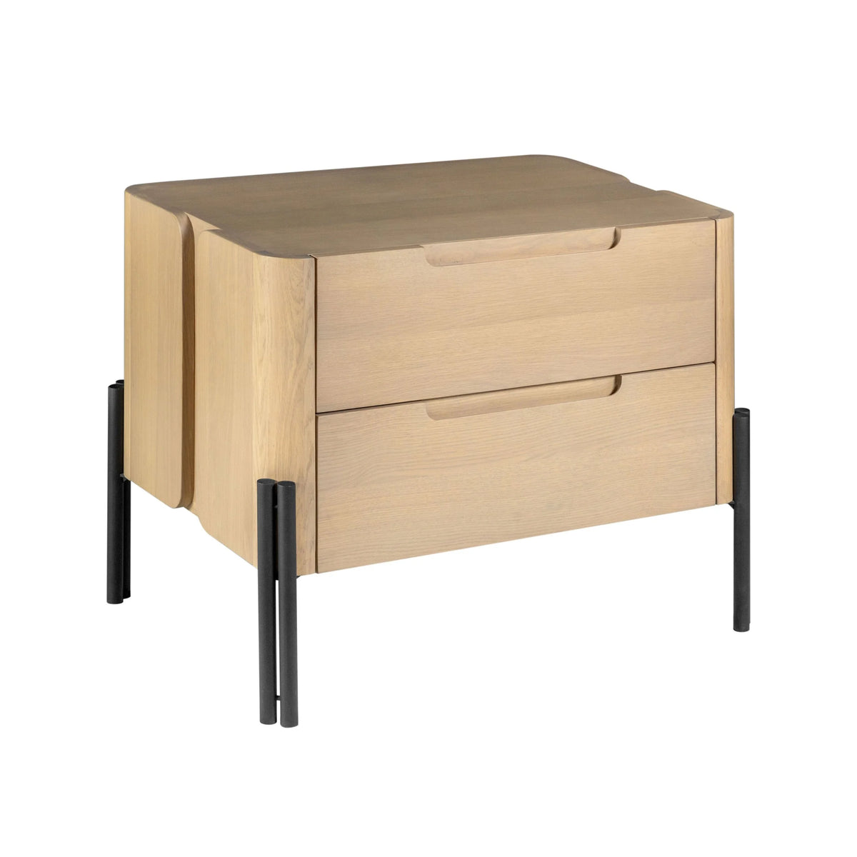 Nori Night Table in natural white oak with black steel legs and two drawers