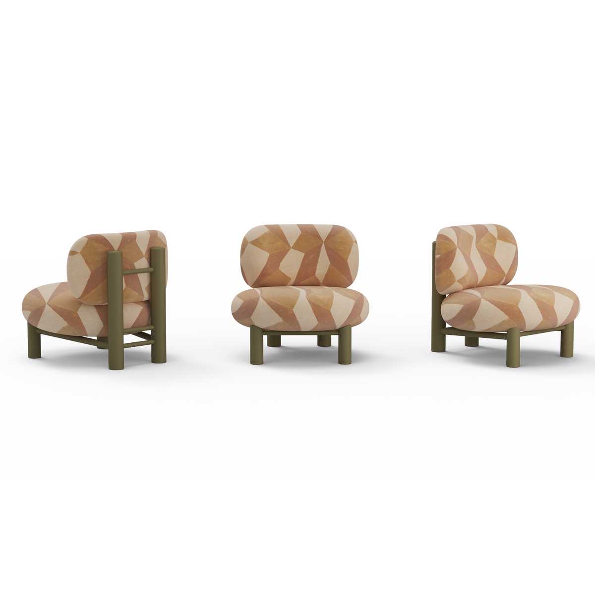 Aimi Lounge Chair in peach geometric fabric shown from back, front and side