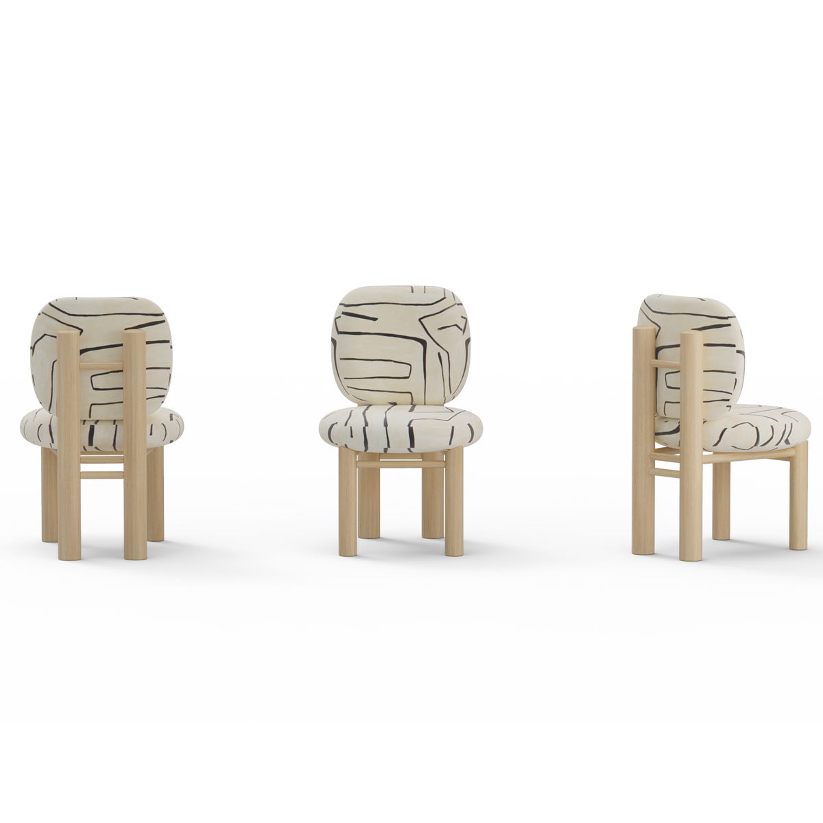 Aimi Chair in brushstroke fabric, front, side and back renders together