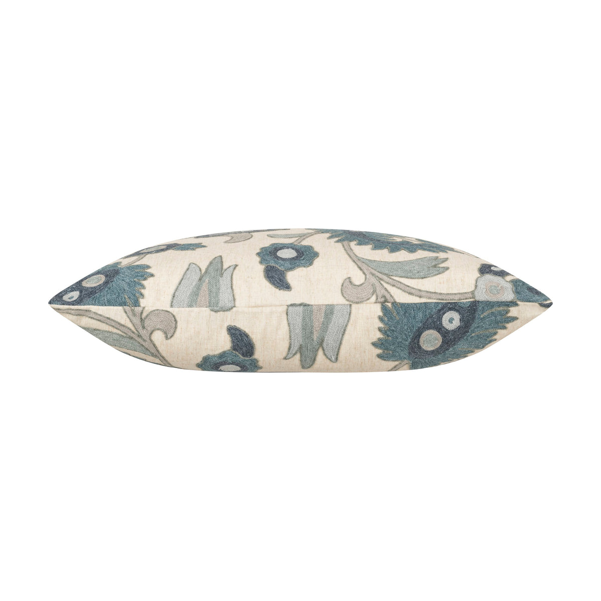 Anastasia-Cadet pillow, ivory with blue floral pattern, side profile