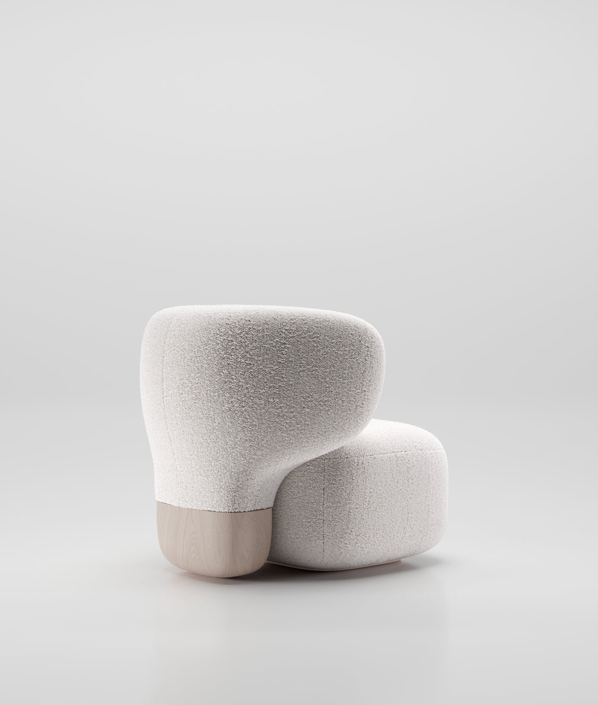 Asawa Lounge Chair in white bouclé, side view showing the wrapped back and wood base