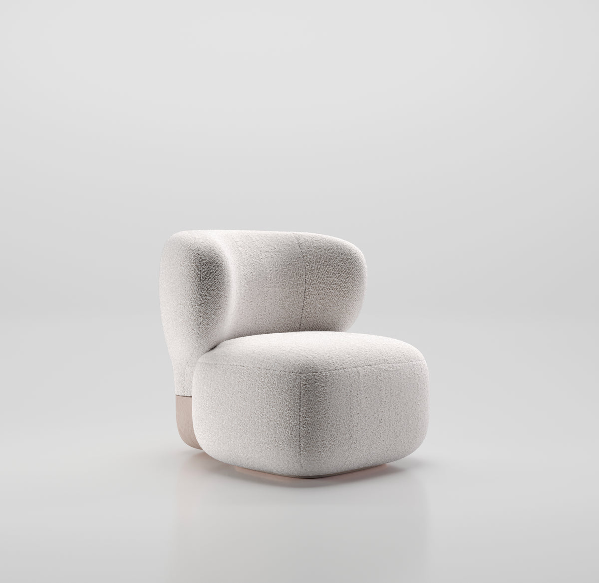 Asawa Lounge Chair in white bouclé with pale wood base, three-quarter view in a studio
