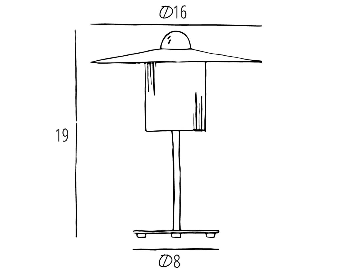 Ball on Top table lamp dimension drawing: Ø16 shade, 19 high, Ø8 base
